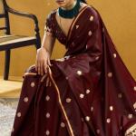 Trendy Brown Banarasi Satin Silk Saree With Ailurophile Blouse