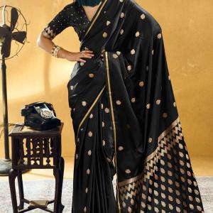 Embellished Black Banarasi Satin Silk Saree With Classy Blouse