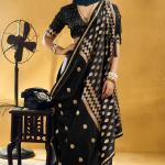 Embellished Black Banarasi Satin Silk Saree With Classy Blouse
