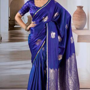 Majesty Royal Blue Banarasi Satin Silk Saree With Vestigial Blouse