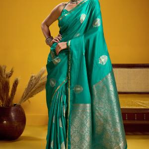 Hypnotic Sea Green Banarasi Satin Silk Saree With Divine Blouse