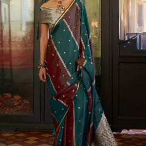 Unique Green and Maroon Banarasi Satin Silk Saree With Opulent Blouse