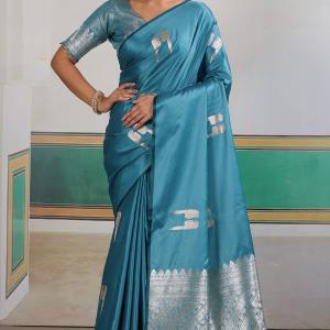 Effulgent Firozi Banarasi Satin Silk Saree With Enamoring Blouse