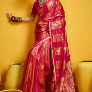 Snazzy Red Banarasi Satin Silk Saree With Serendipity Blouse