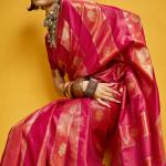 Snazzy Red Banarasi Satin Silk Saree With Serendipity Blouse