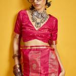 Snazzy Red Banarasi Satin Silk Saree With Serendipity Blouse