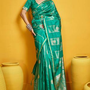 Sempiternal Turquoise Banarasi Satin Silk Saree With Innovative Blouse