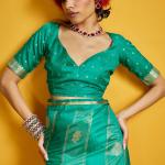 Sempiternal Turquoise Banarasi Satin Silk Saree With Innovative Blouse