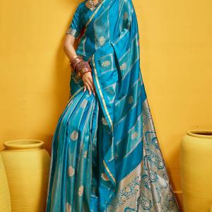 Fragrant Firozi Banarasi Satin Silk Saree With Majestic Blouse