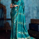 Scintillating Rama Banarasi Satin Silk Saree With Gorgeous Blouse