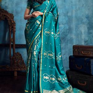 Scintillating Rama Banarasi Satin Silk Saree With Gorgeous Blouse