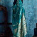 Scintillating Rama Banarasi Satin Silk Saree With Gorgeous Blouse