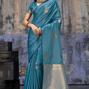 Invaluable Blue Banarasi Satin Silk Saree With Jazzy Blouse
