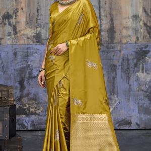 Mesmeric Mustard Banarasi Satin Silk Saree With Rhapsody Blouse