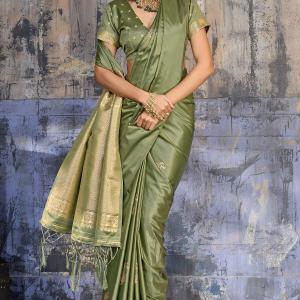 Enigmatic Green Banarasi Satin Silk Saree With Alluring Blouse