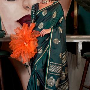 Stunning Dark Green Banarasi Satin Silk Saree With Precious Blouse