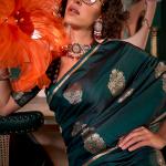Stunning Dark Green Banarasi Satin Silk Saree With Precious Blouse