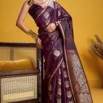 Trendy Wine Banarasi Satin Silk Saree With Scintilla Blouse