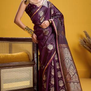 Trendy Wine Banarasi Satin Silk Saree With Scintilla Blouse