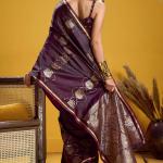 Trendy Wine Banarasi Satin Silk Saree With Scintilla Blouse