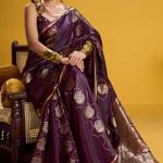 Trendy Wine Banarasi Satin Silk Saree With Scintilla Blouse