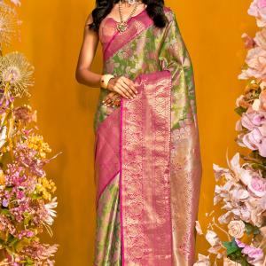 Ratatouille Green Kanjivaram Silk Saree With Engrossing Blouse Piece
