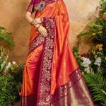 Prettiest Orange Pure Zari Weaving Banarasi Silk Saree With Tantalizing Blouse Piece