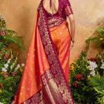 Prettiest Orange Pure Zari Weaving Banarasi Silk Saree With Tantalizing Blouse Piece