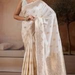Dissemble Beige Pure Zari Weaving Banarasi Silk Saree With Girlish Blouse Piece