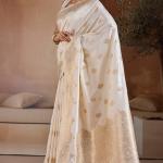 Dissemble Beige Pure Zari Weaving Banarasi Silk Saree With Girlish Blouse Piece