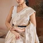 Dissemble Beige Pure Zari Weaving Banarasi Silk Saree With Girlish Blouse Piece