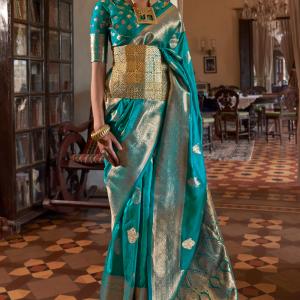 Sonorous Firozi Soft Banarasi Silk Saree With Charismatic Blouse Piece