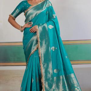 Lagniappe Firozi Pure Zari Weaving Banarasi Silk Saree With Fancy Lace Border
