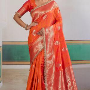 Proficient Orange Pure Zari Weaving Banarasi Silk Saree With Fancy Lace Border