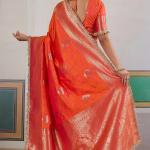 Proficient Orange Pure Zari Weaving Banarasi Silk Saree With Fancy Lace Border