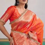 Proficient Orange Pure Zari Weaving Banarasi Silk Saree With Fancy Lace Border