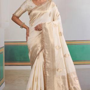 Improbable Beige Pure Zari Weaving Banarasi Silk Saree With Fancy Lace Border