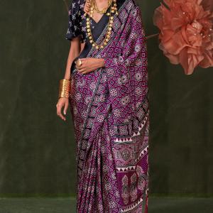 Flamboyant Purple Ajrakh Printed Satin Silk Saree With Sumptuous Blouse Piece