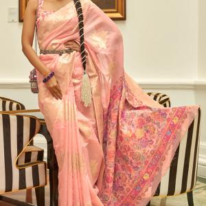 Gratifying Pink Pashmina saree With Staring Blouse Piece