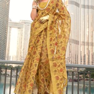 Transcendent Yellow Digital Printed Tissue Silk Saree With Artistic Blouse Piece