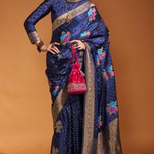 Outstanding Navy Blue Banarasi Satin Silk Saree With Engrossing Blouse
