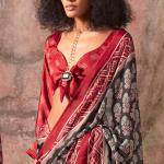 Desuetude Black Ajrakh Printed Satin Silk Saree With Glorious Blouse Piece