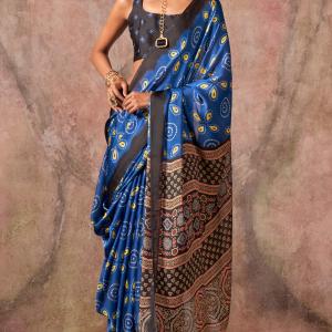 Jazzy Royal Blue Ajrakh Printed Satin Silk Saree With Captivating Blouse Piece