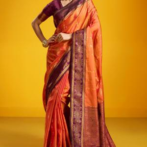 Surpassing Orange Pure Zari Weaving Banarasi Silk Saree With Artistic Blouse Piece