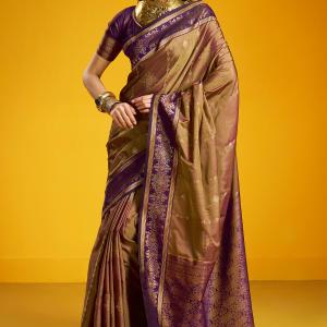 Murmurous Brown Pure Zari Weaving Banarasi Silk Saree With Mesmeric Blouse Piece