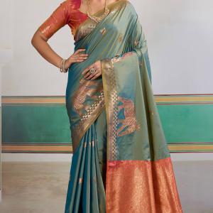 Flattering Rama Pure Zari Weaving Banarasi Silk Saree With Grandiose Blouse Piece