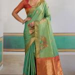 Engrossing Sea Green Pure Zari Weaving Banarasi Silk Saree With Efflorescence Blouse Piece