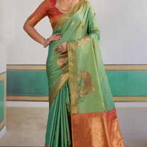 Engrossing Sea Green Pure Zari Weaving Banarasi Silk Saree With Efflorescence Blouse Piece