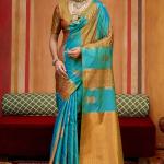 Unique Firozi Pure Zari Weaving Banarasi Silk Saree With Prominent Blouse Piece