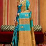 Unique Firozi Pure Zari Weaving Banarasi Silk Saree With Prominent Blouse Piece